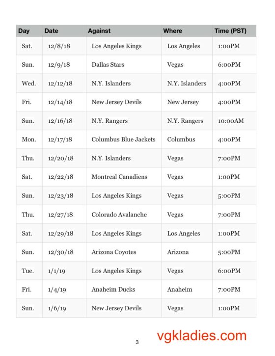 Vegas Golden Knights 2018/2019 Schedule